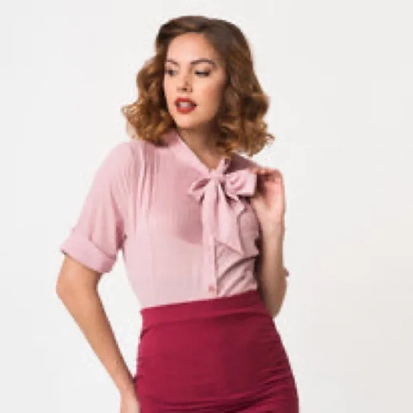 Unique Vintage Size Large Pink Blouse with Bow Tie - Picture 2 of 10